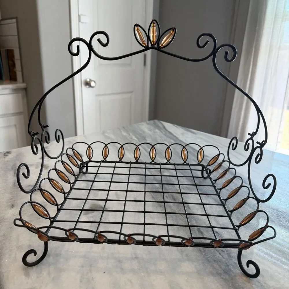 Pier 1 Wrought Iron Orange Beaded Basket Centerpiece With Handle Scalloped